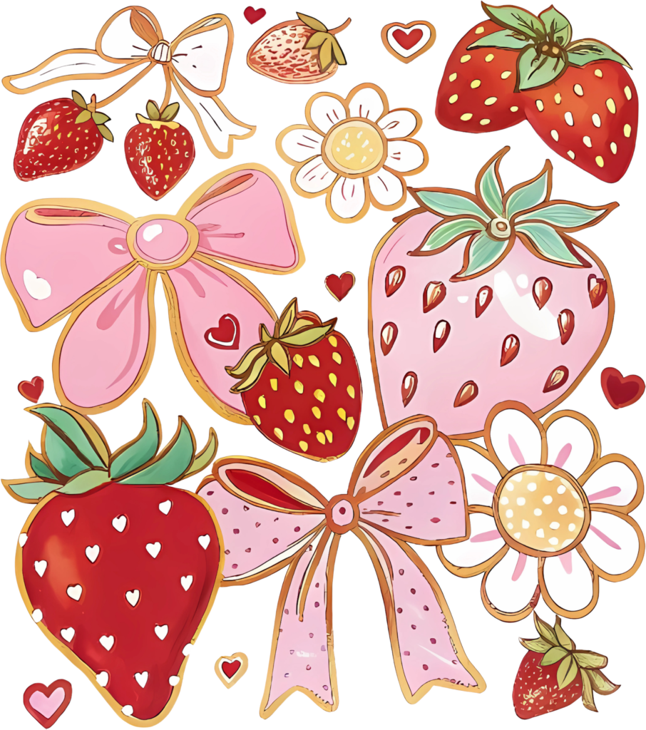 Strawberry and bow coquette sticker sheet ready-to-press DTF transfer design