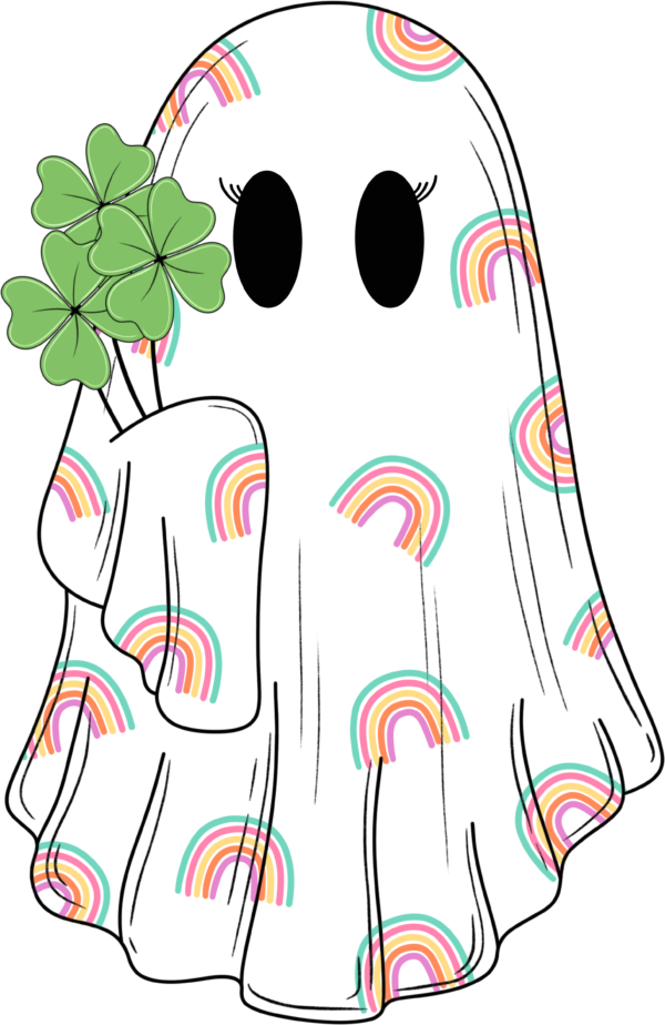 Ghost rainbow and clover mashup ready-to-press full-color DTF heat transfer