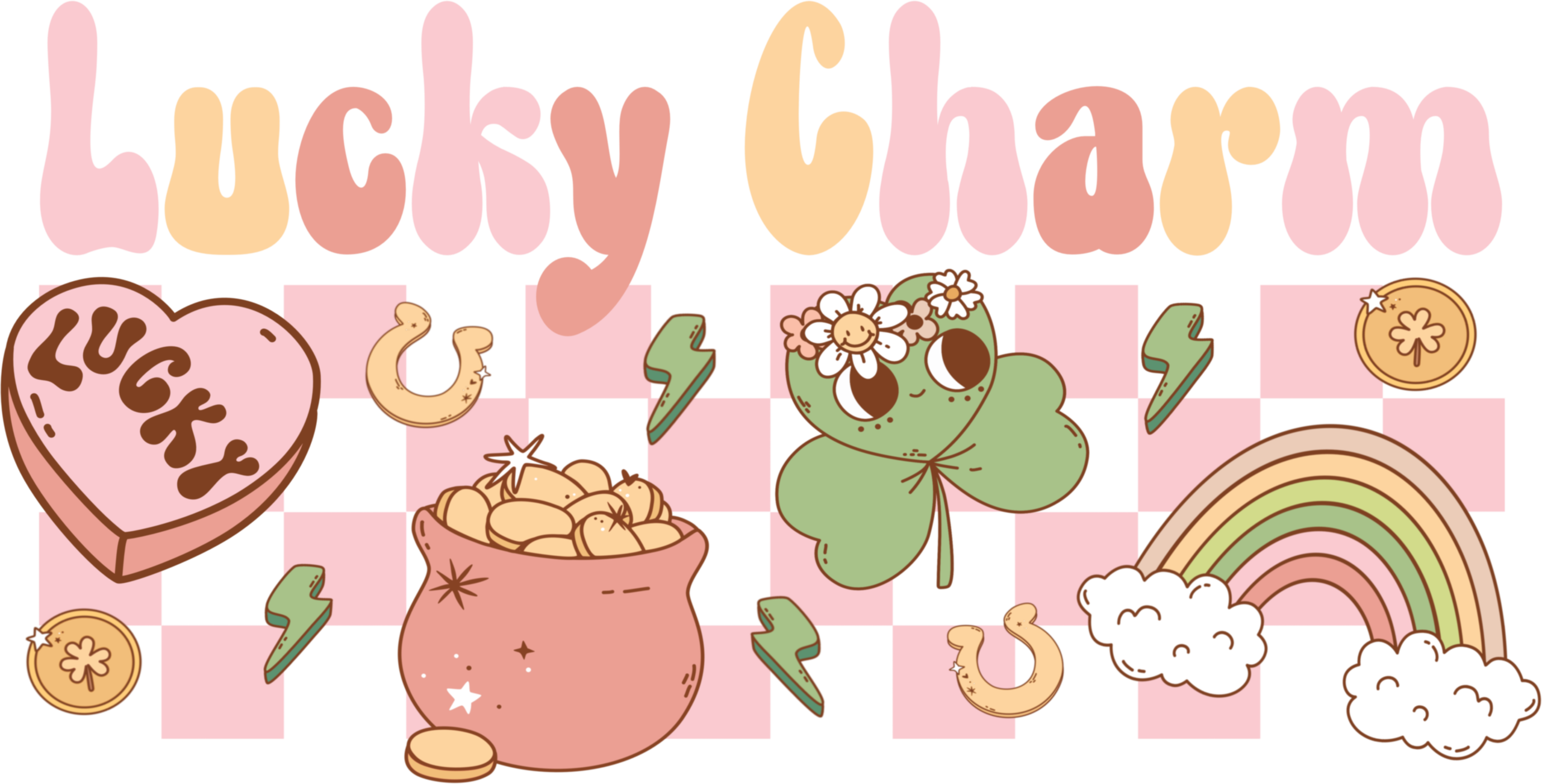 Lucky charm clover and rainbow collage ready-to-press DTF heat transfer