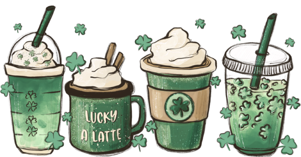 Coffee cup and clover collage ready-to-press full-color DTF heat transfer