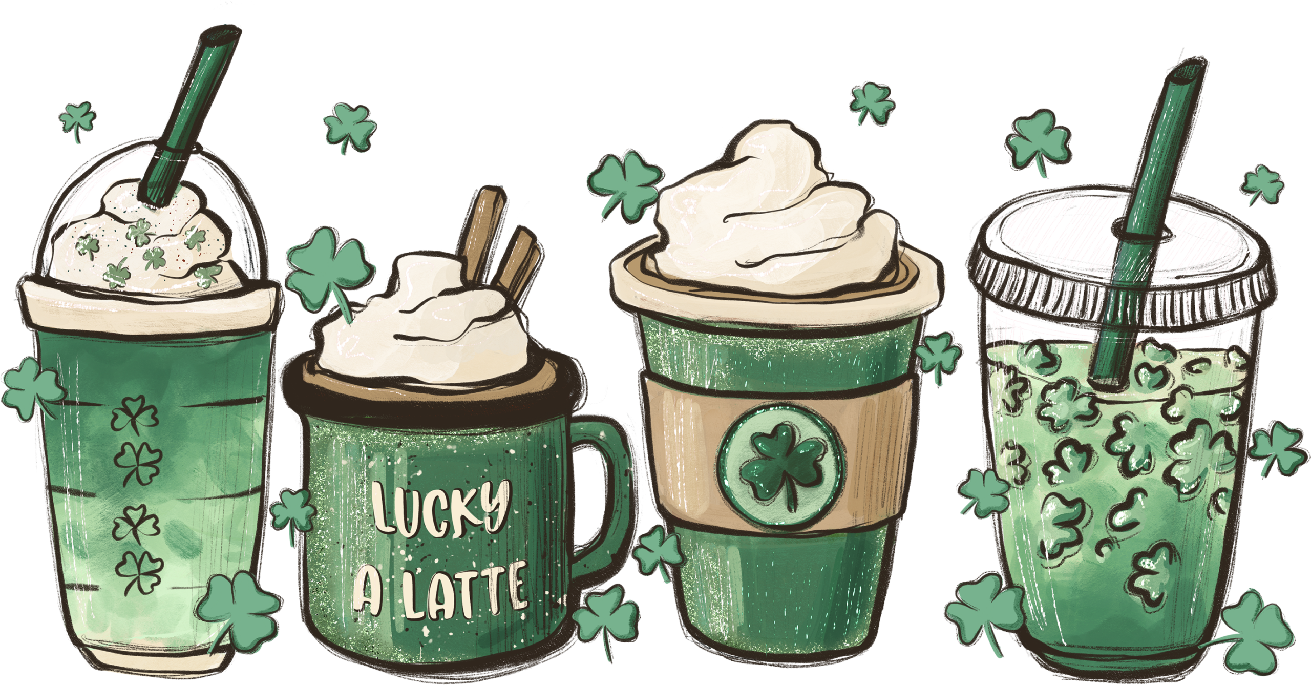 Coffee cup and clover collage ready-to-press full-color DTF heat transfer