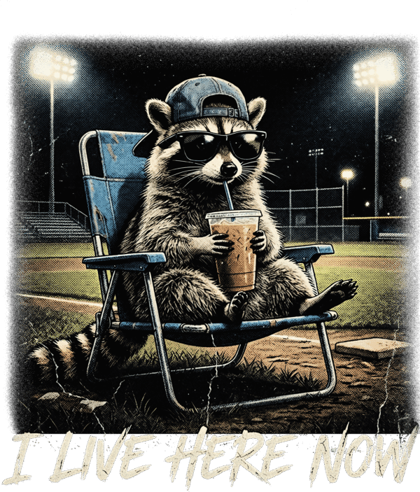 I live here now baseball raccoon ready-to-press DTF transfer design