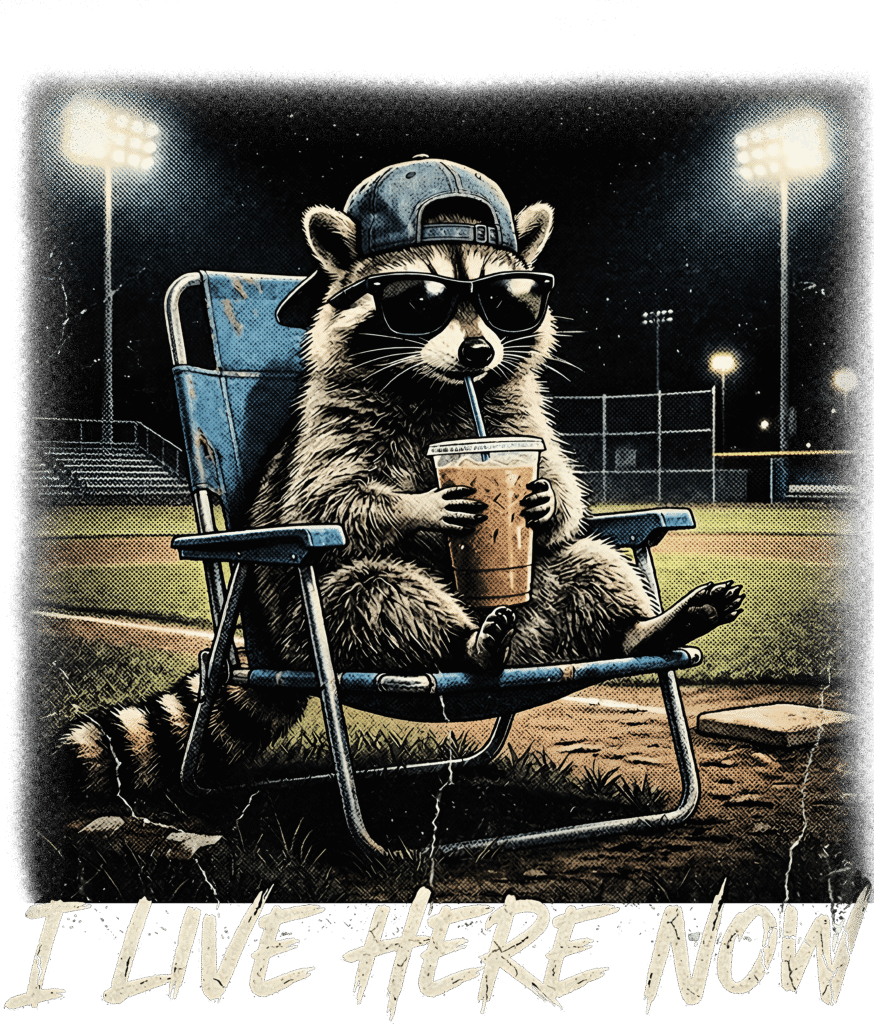 I live here now baseball raccoon ready-to-press DTF transfer design