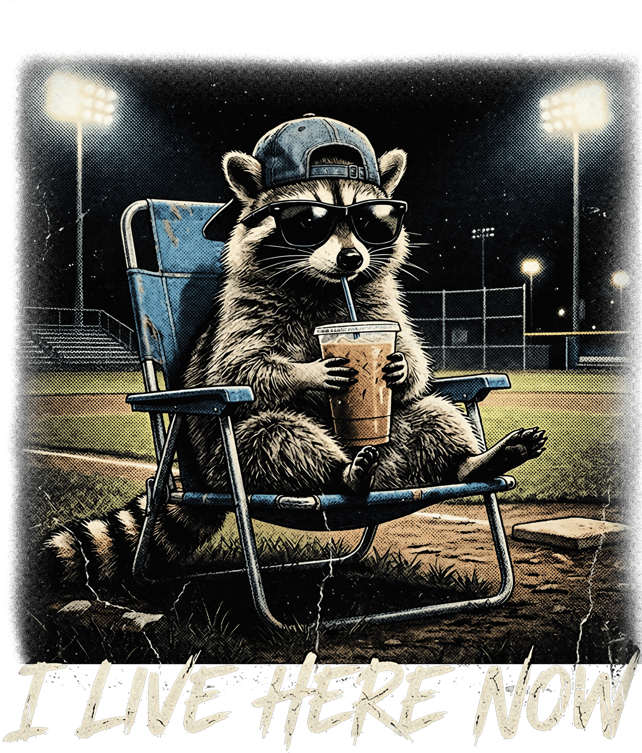 I live here now baseball raccoon ready-to-press DTF transfer design