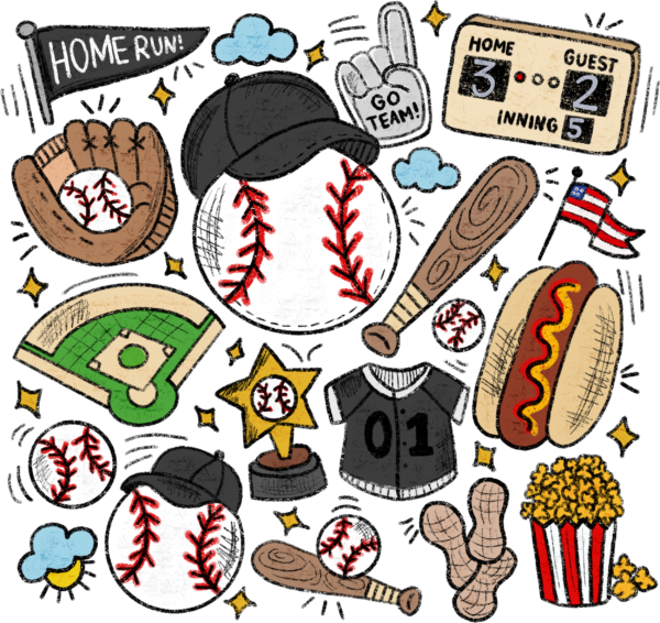 Baseball doodle collage ready-to-press DTF transfer design for apparel