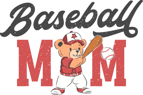 Baseball mom bear ready-to-press DTF transfer design for apparel