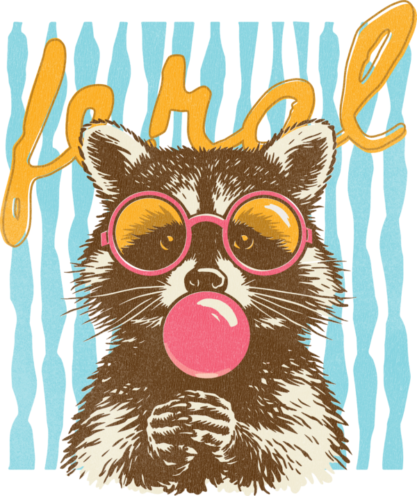 Feral bubblegum raccoon ready-to-press DTF transfer design for apparel