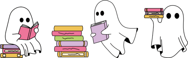 Reading ghosts with stacked books cozy ready-to-press DTF transfer design for apparel