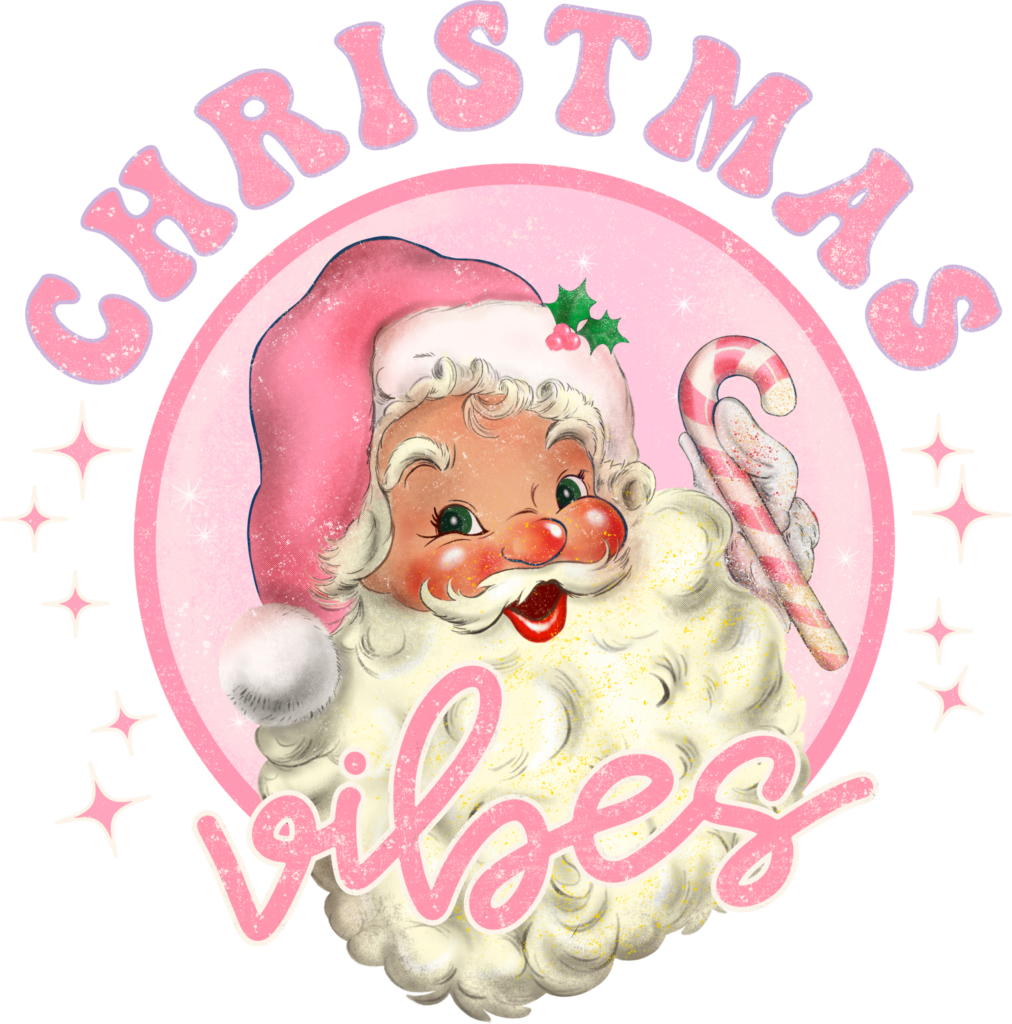 Christmas vibes pink Santa festive ready-to-press DTF transfer design for apparel