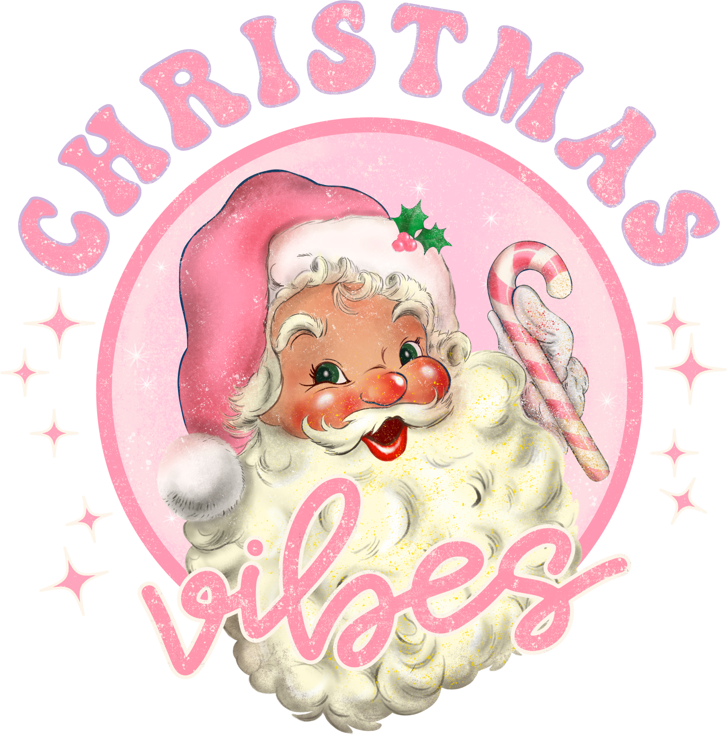 Christmas vibes pink Santa festive ready-to-press DTF transfer design for apparel