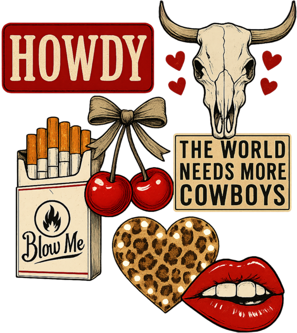 Howdy cowboys collage with boots and hats ready-to-press DTF transfer design