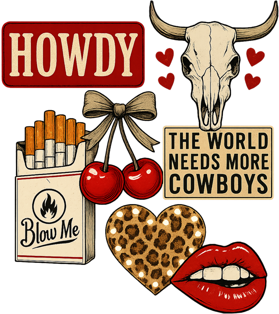 Howdy cowboys collage with boots and hats ready-to-press DTF transfer design