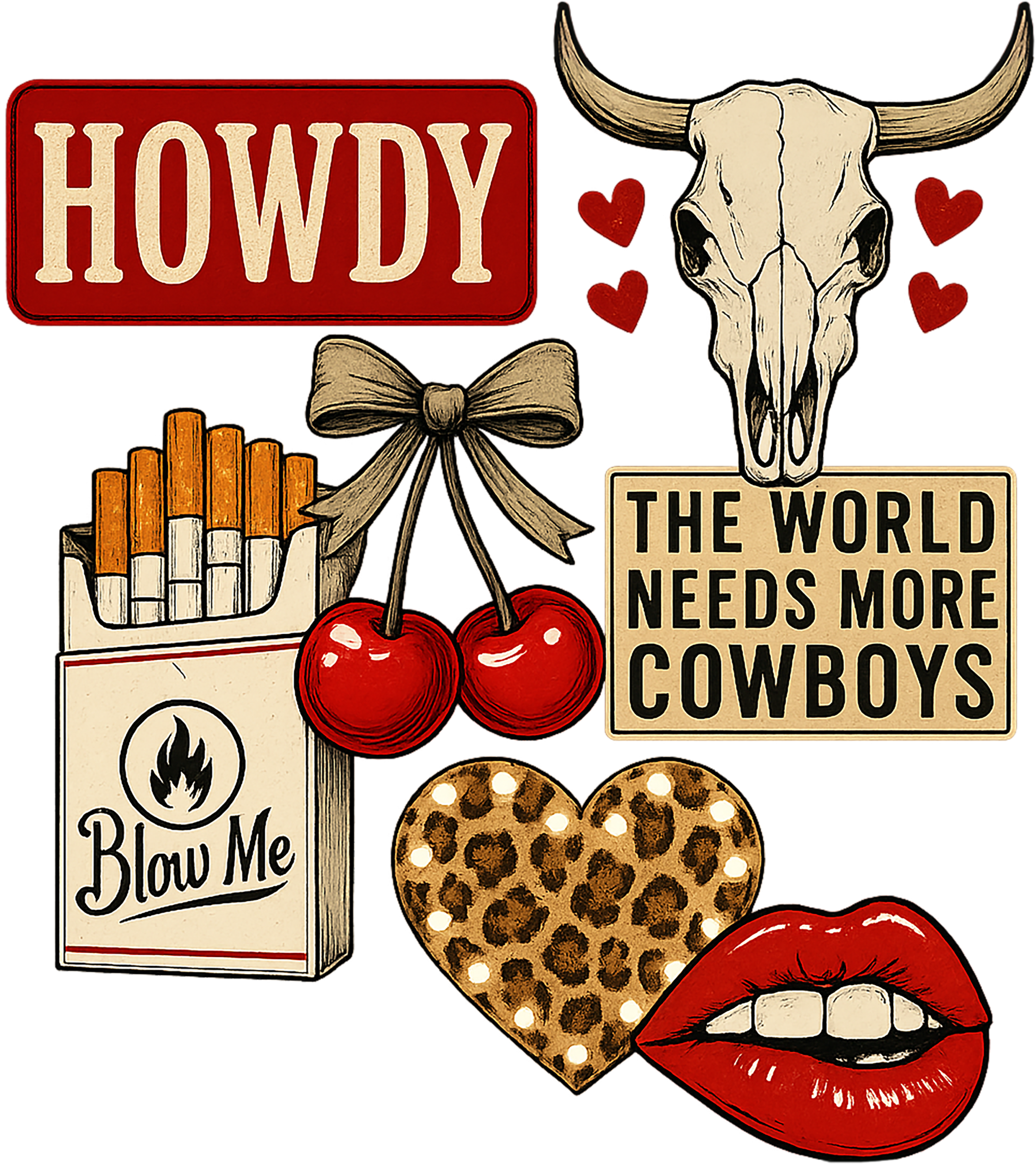 Howdy cowboys collage with boots and hats ready-to-press DTF transfer design