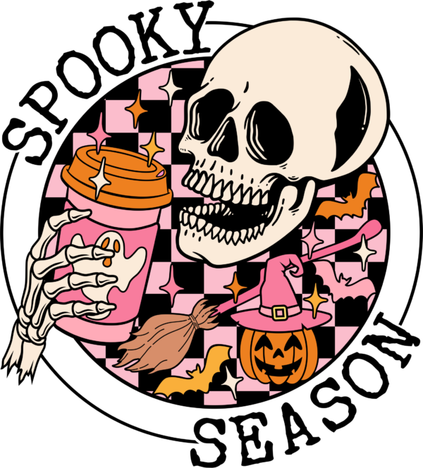 Spooky season grinning skeleton ready-to-press DTF transfer design for apparel