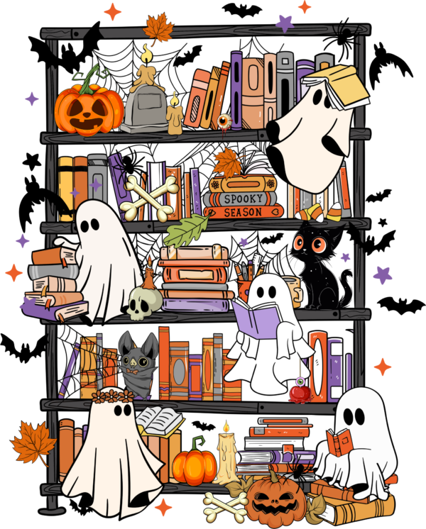 Halloween bookshelf with potions and candles ready-to-press DTF transfer design