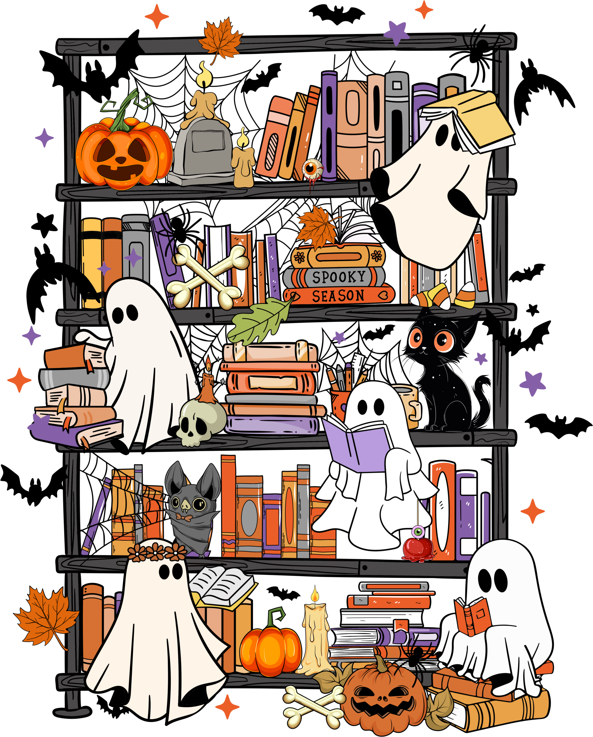 Halloween bookshelf with potions and candles ready-to-press DTF transfer design
