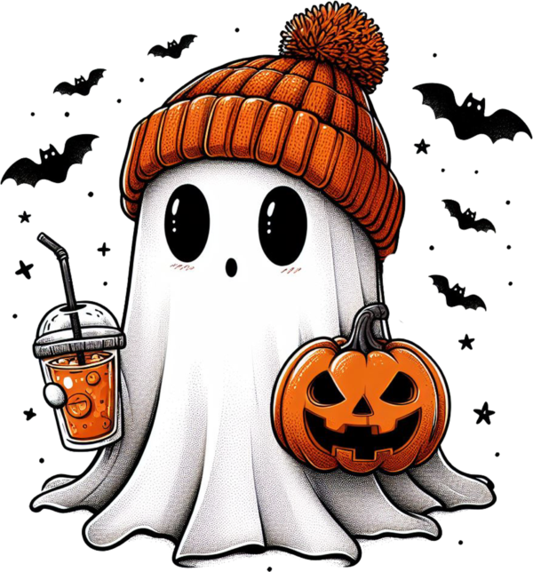 Cozy beanie-wearing ghost fall Halloween DTF transfer design