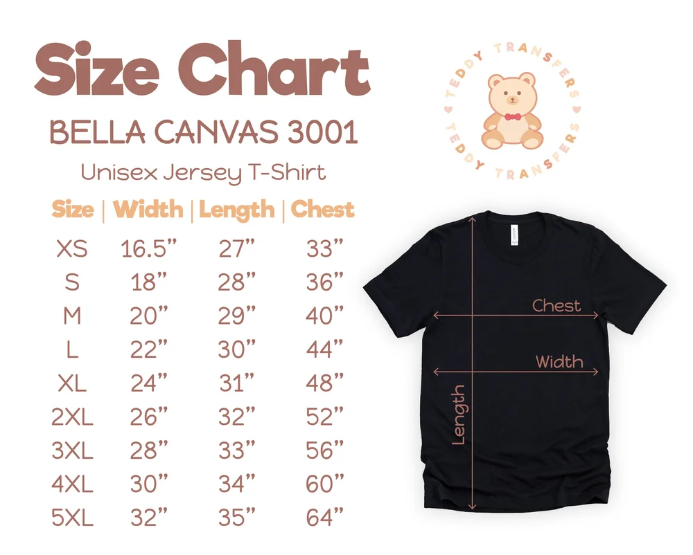 Bella + Canvas 3001 unisex t-shirt size chart