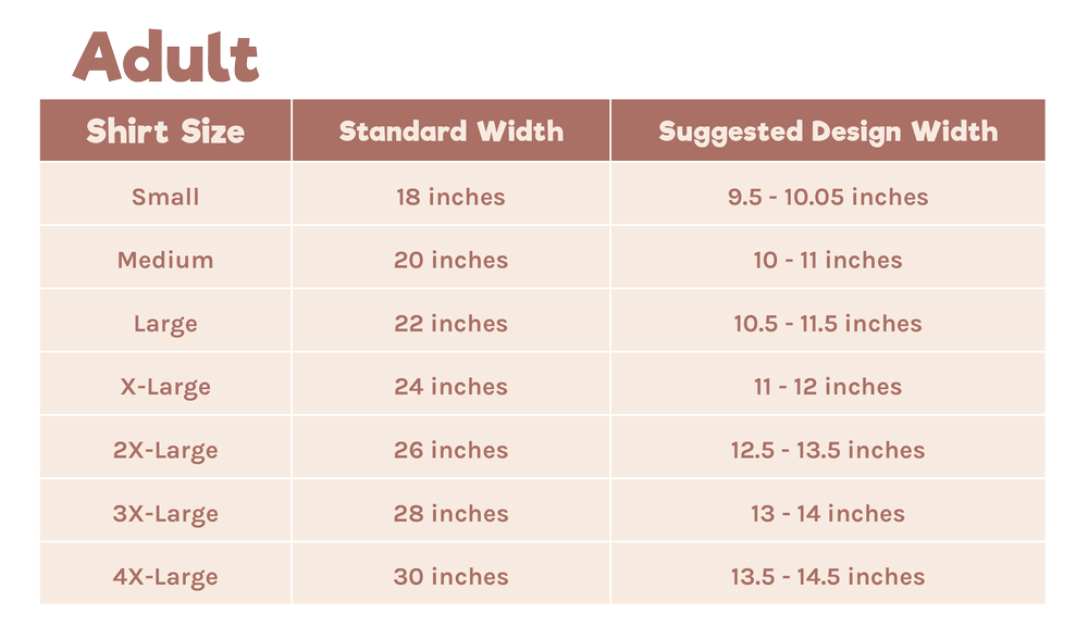 Teddy Transfers adult shirt transfer size chart