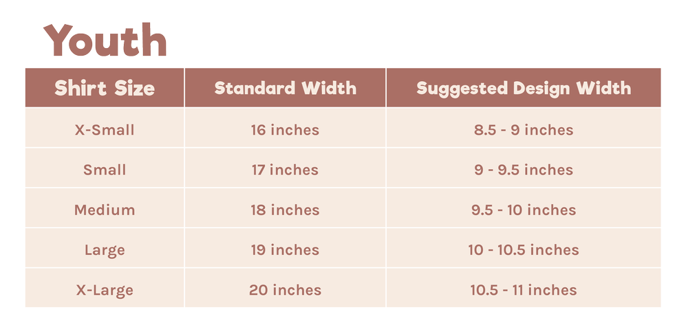 Teddy Transfers youth shirt transfer size chart