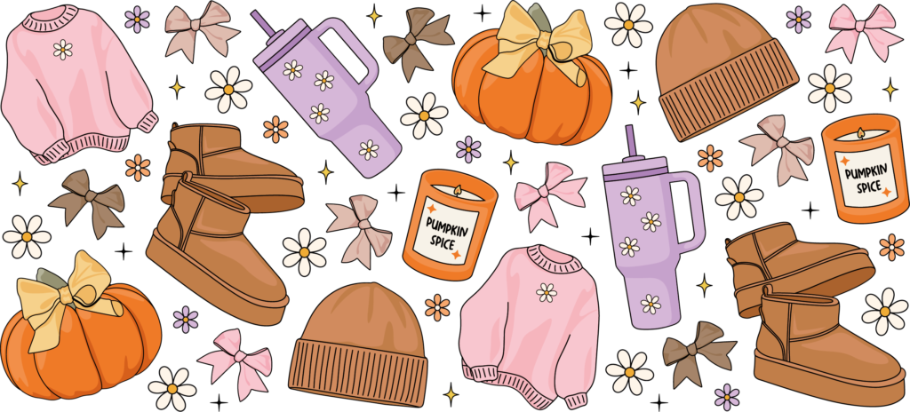 Cozy Pumpkin Spice Essentials UV DTF decal design for tumblers