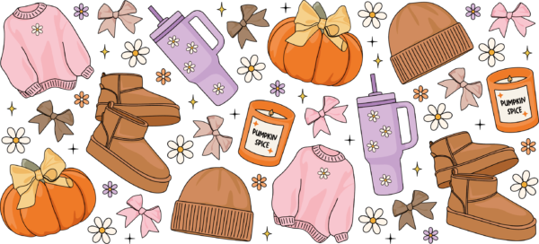 Cozy Pumpkin Spice Essentials UV DTF decal design for tumblers