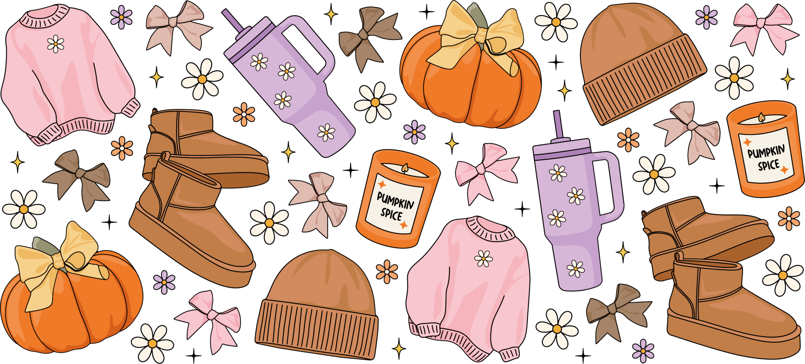 Cozy Pumpkin Spice Essentials UV DTF decal design for tumblers