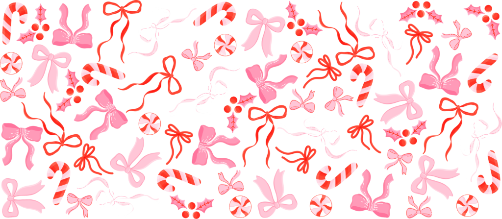 Pink bows and candy canes UV DTF transfer decal design for cups