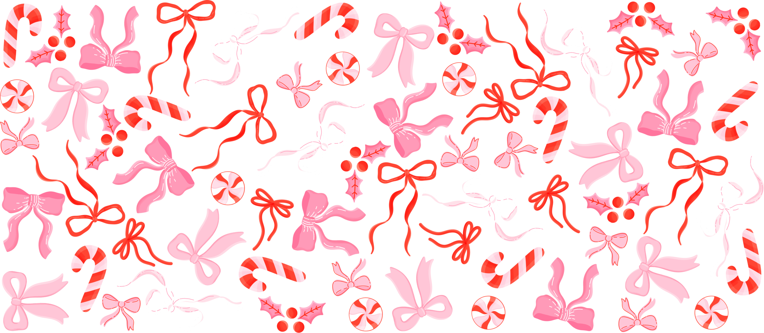 Pink bows and candy canes UV DTF transfer decal design for cups