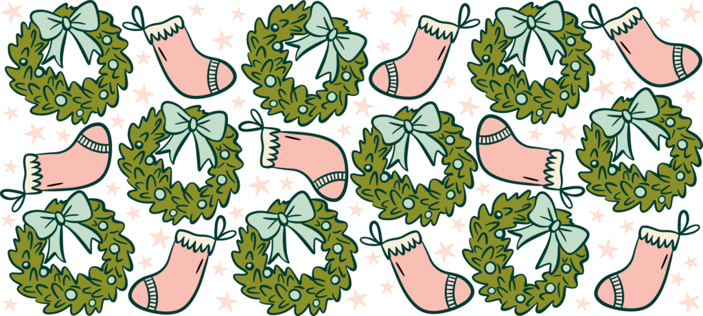 Wreaths and stockings UV DTF transfer decal design for cups