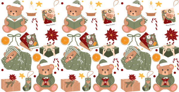 Cozy Christmas bears UV DTF transfer decal design for cups