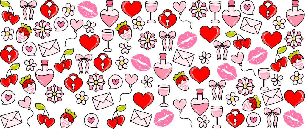 Hearts and kisses UV DTF transfer decal design for cups