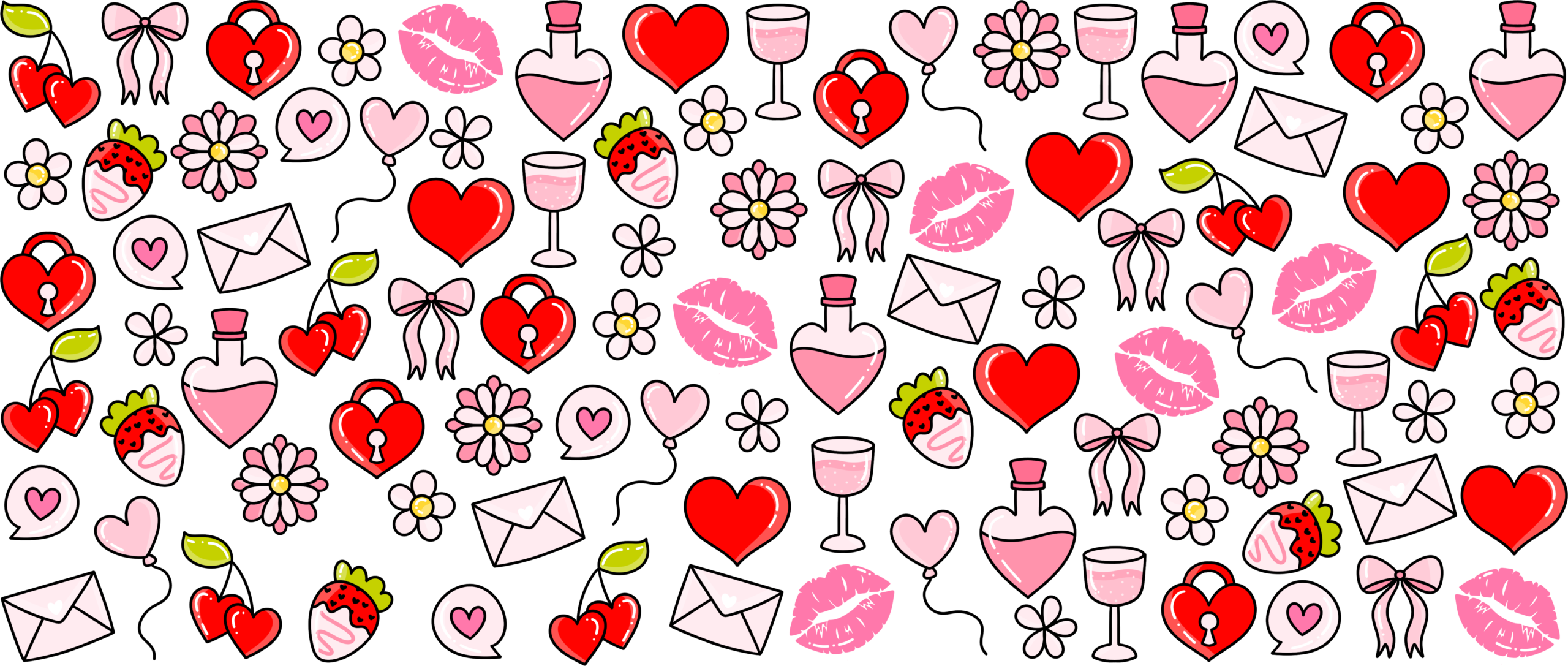 Hearts and kisses UV DTF transfer decal design for cups