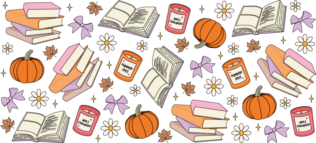 Cozy Bookish Autumn books UV DTF decal design for tumblers