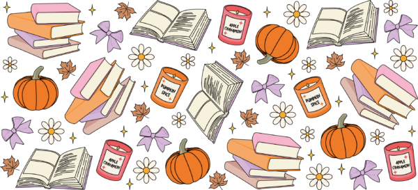 Cozy Bookish Autumn books UV DTF decal design for tumblers