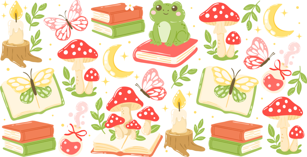 Cottagecore frog reading a book UV DTF transfer decal design