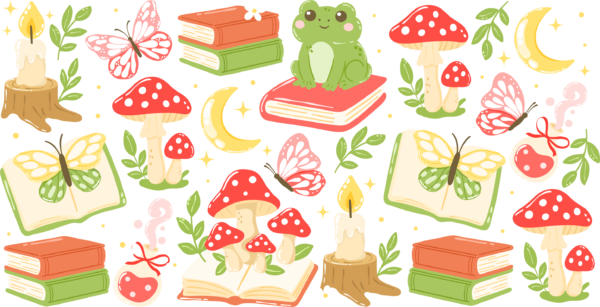 Cottagecore frog reading a book UV DTF transfer decal design