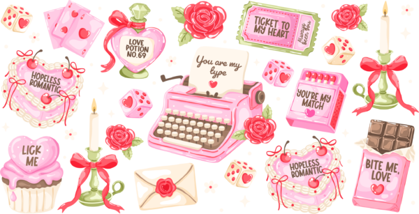 Hopeless romantic handwritten love notes UV DTF transfer decal design