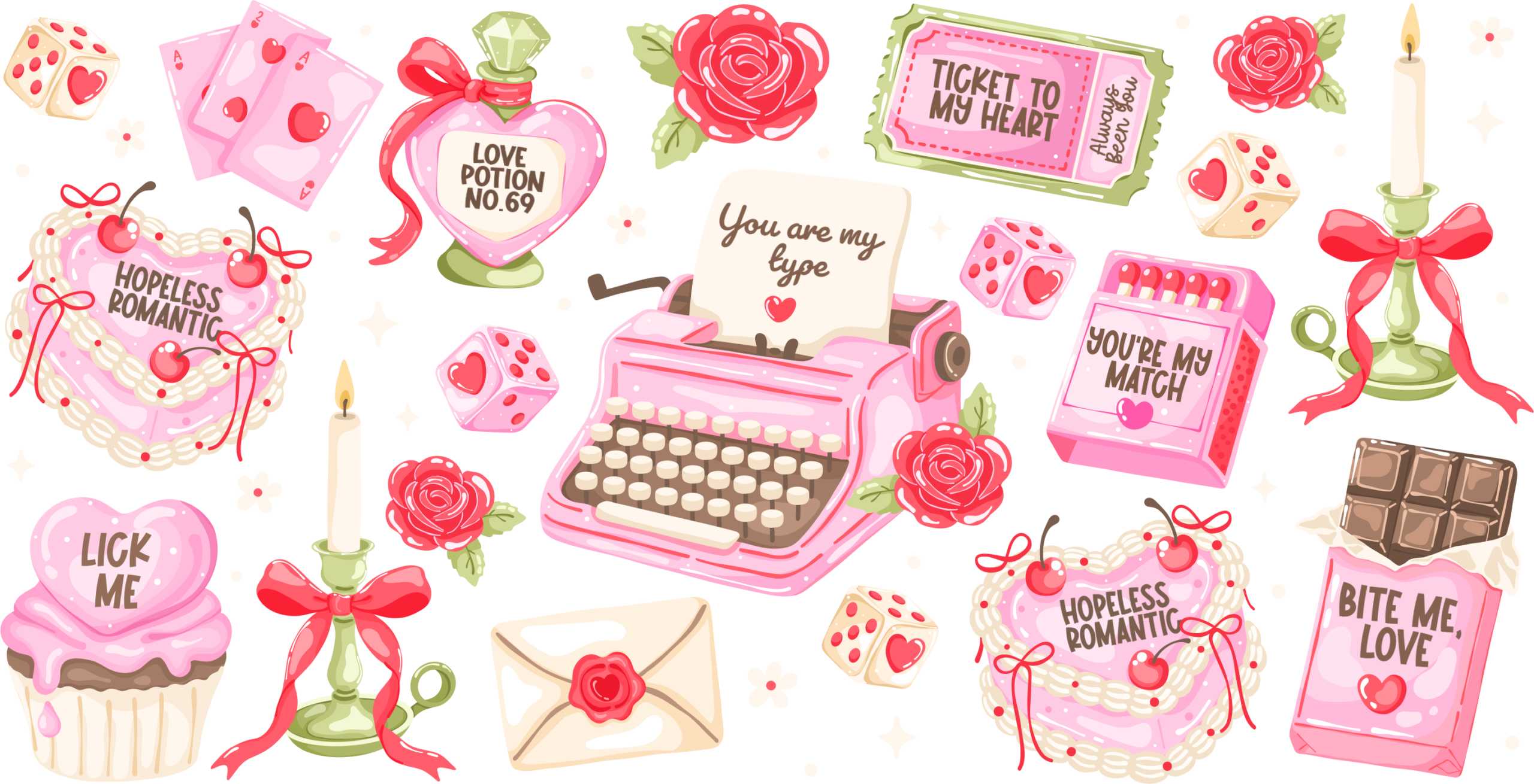 Hopeless romantic handwritten love notes UV DTF transfer decal design