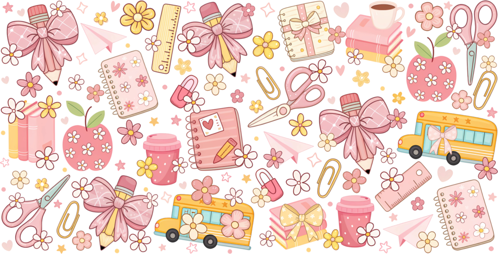 Coquette school days pastel bows UV DTF transfer decal design