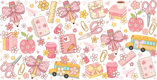 Coquette school days pastel bows UV DTF transfer decal design