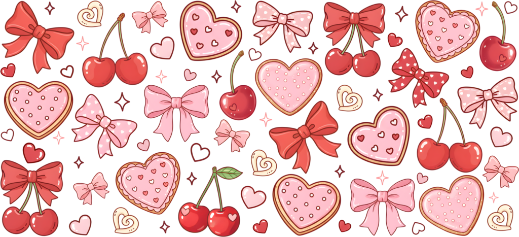 Cherry-topped heart cookies UV DTF transfer decal design