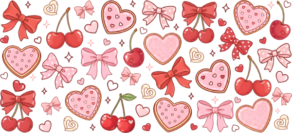 Cherry-topped heart cookies UV DTF transfer decal design