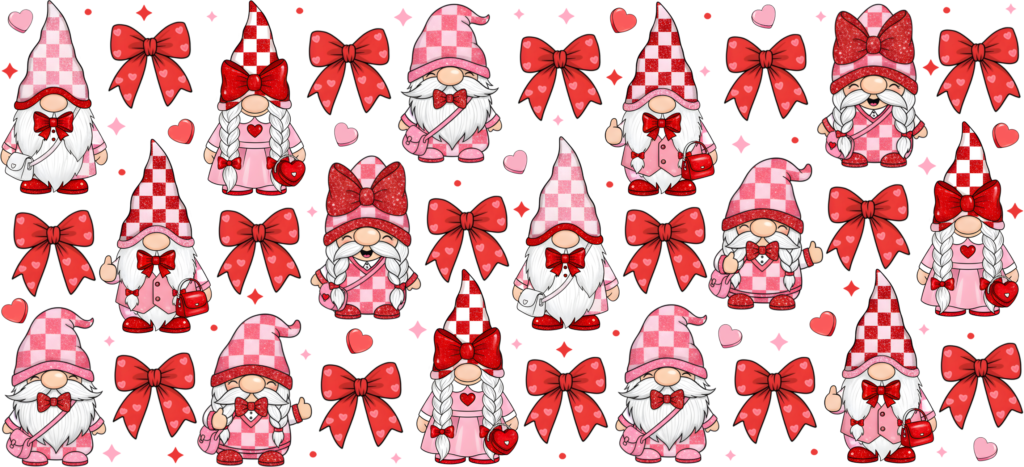 Gingham gnome with hearts love UV DTF transfer decal design
