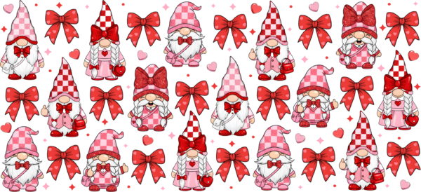 Gingham gnome with hearts love UV DTF transfer decal design