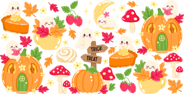 Cozy ghosts and pumpkins UV DTF decal design for tumblers and mugs