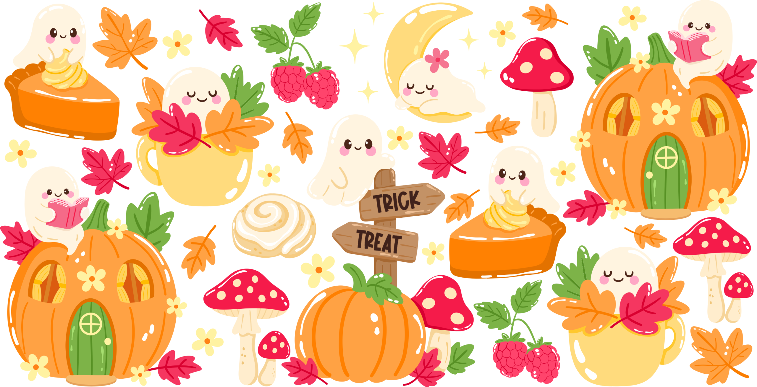Cozy ghosts and pumpkins UV DTF decal design for tumblers and mugs