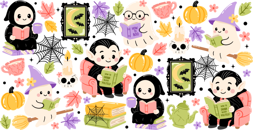 Cute ghosts bats and pumpkins storybook Halloween UV DTF decal design