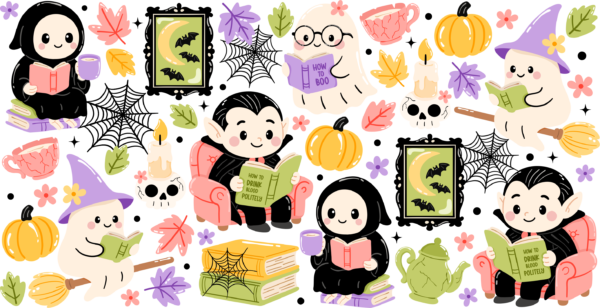Cute ghosts bats and pumpkins storybook Halloween UV DTF decal design