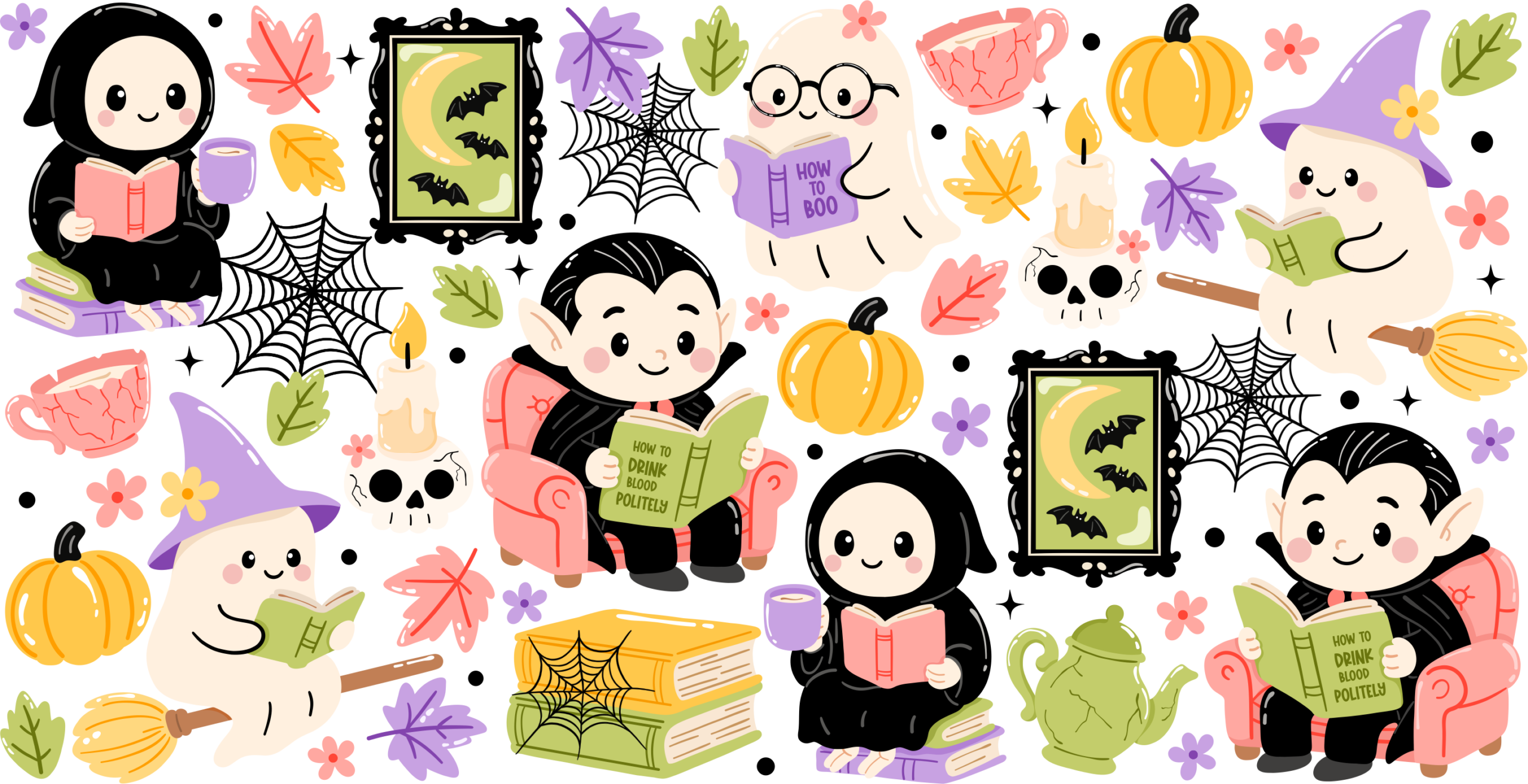 Cute ghosts bats and pumpkins storybook Halloween UV DTF decal design